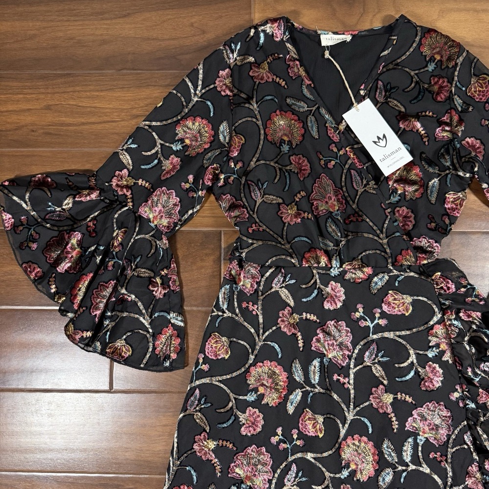 Talisman Women's Size XS Black Floral Velvet Chiffon Carly Wrap Midi‎ Dress - Picture 2 of 12